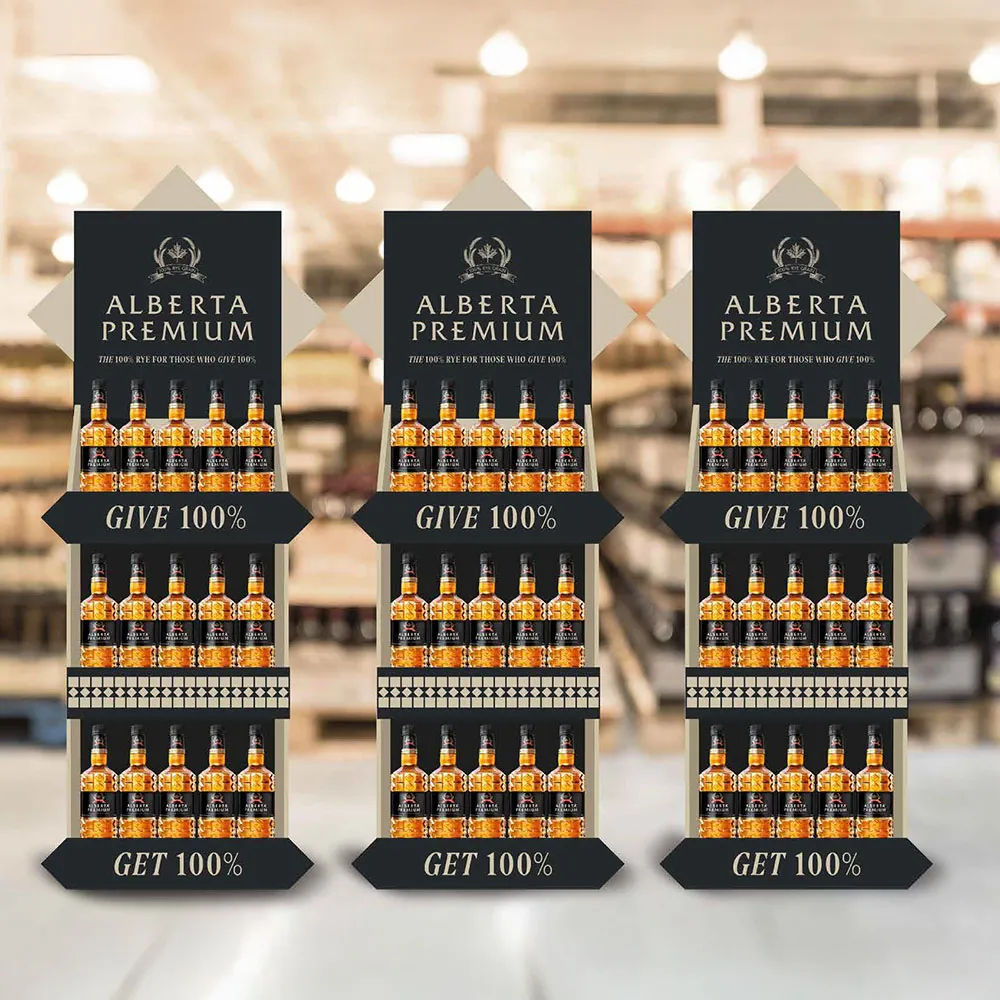 Display shelf with Alberta Premium miniature bottles in retail store Alberta