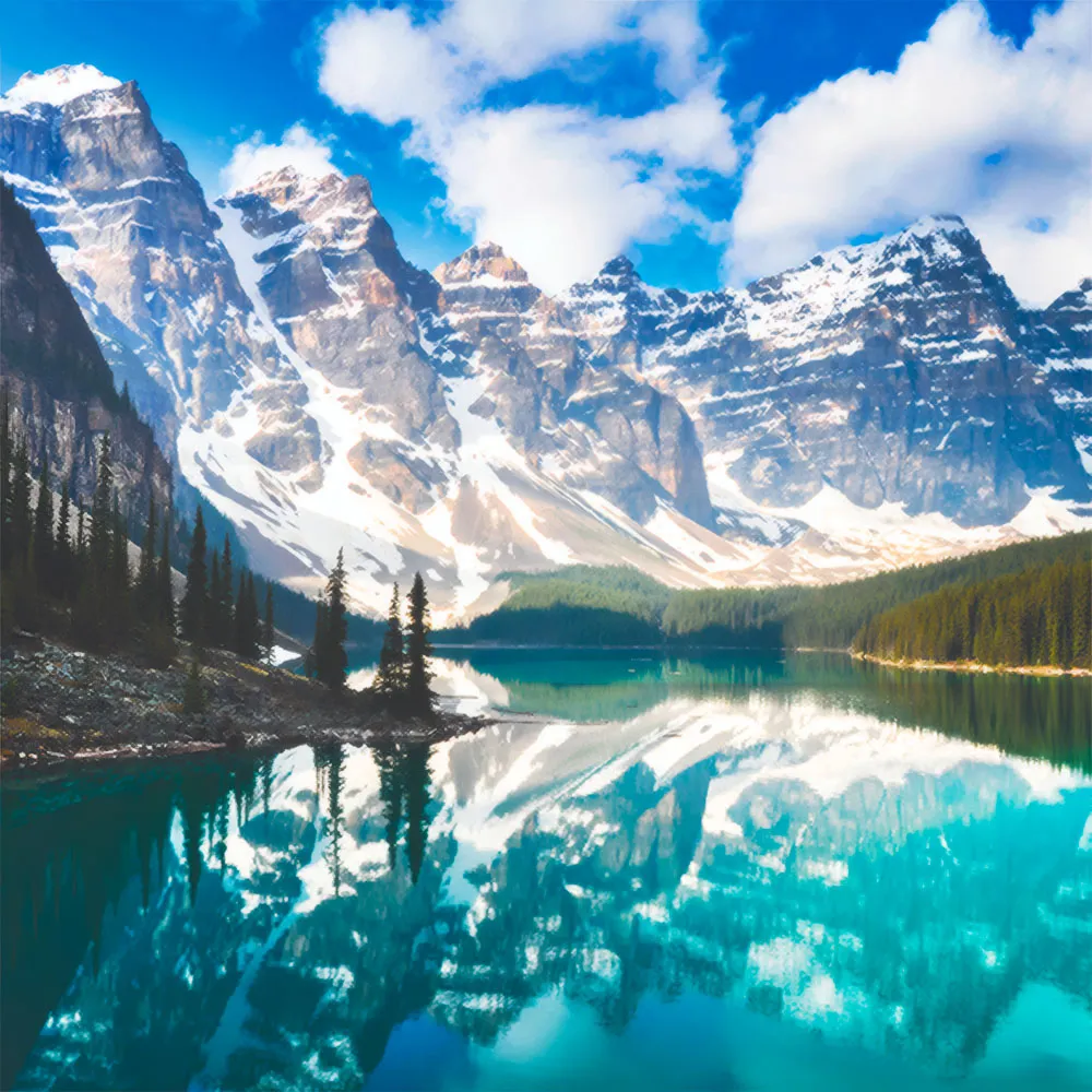 Glacier Lake Reflection Pine Forest Snowy Peaks Alberta