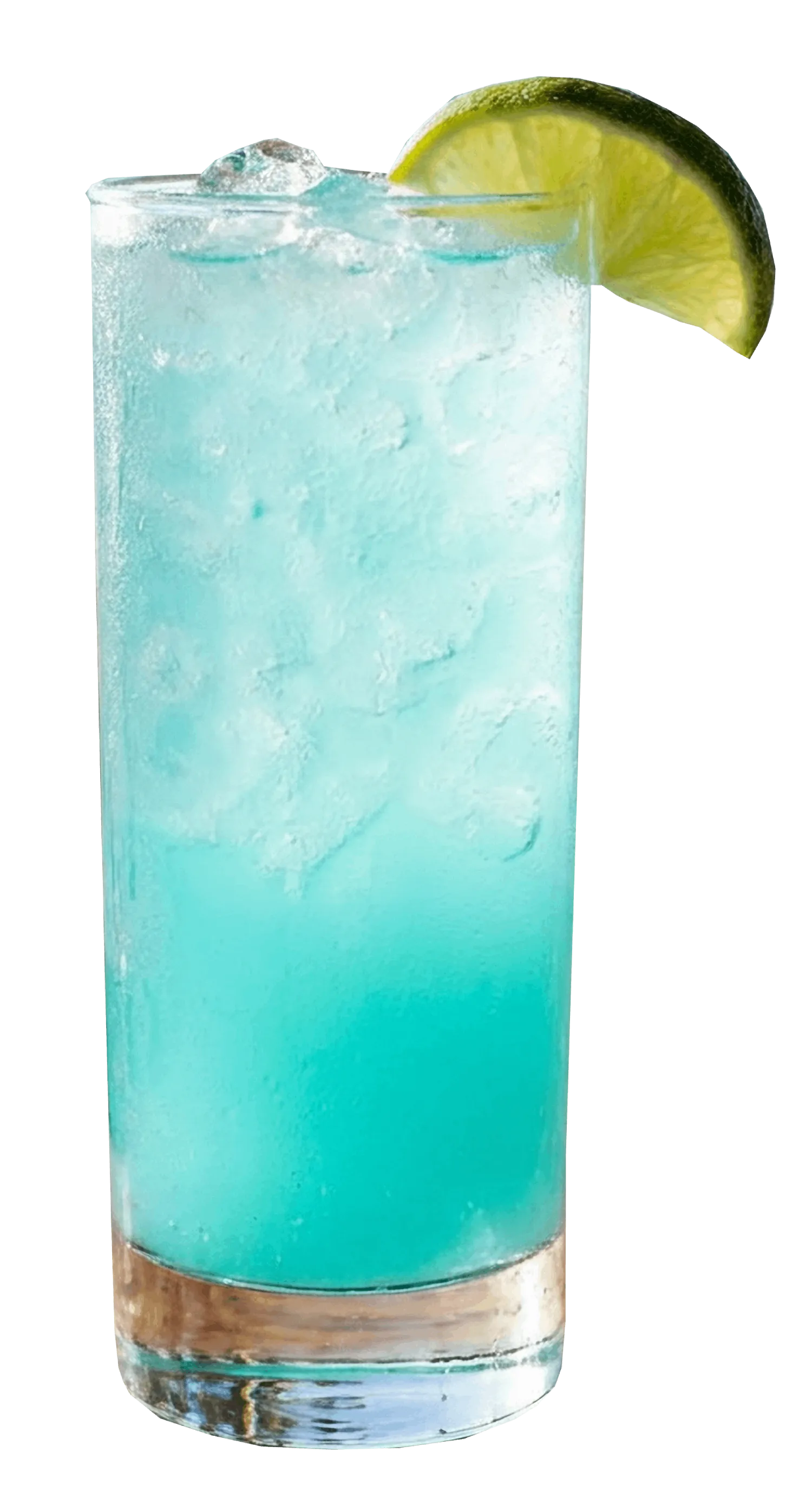A Highball glass with a light blue colour and a lime wedge garnish