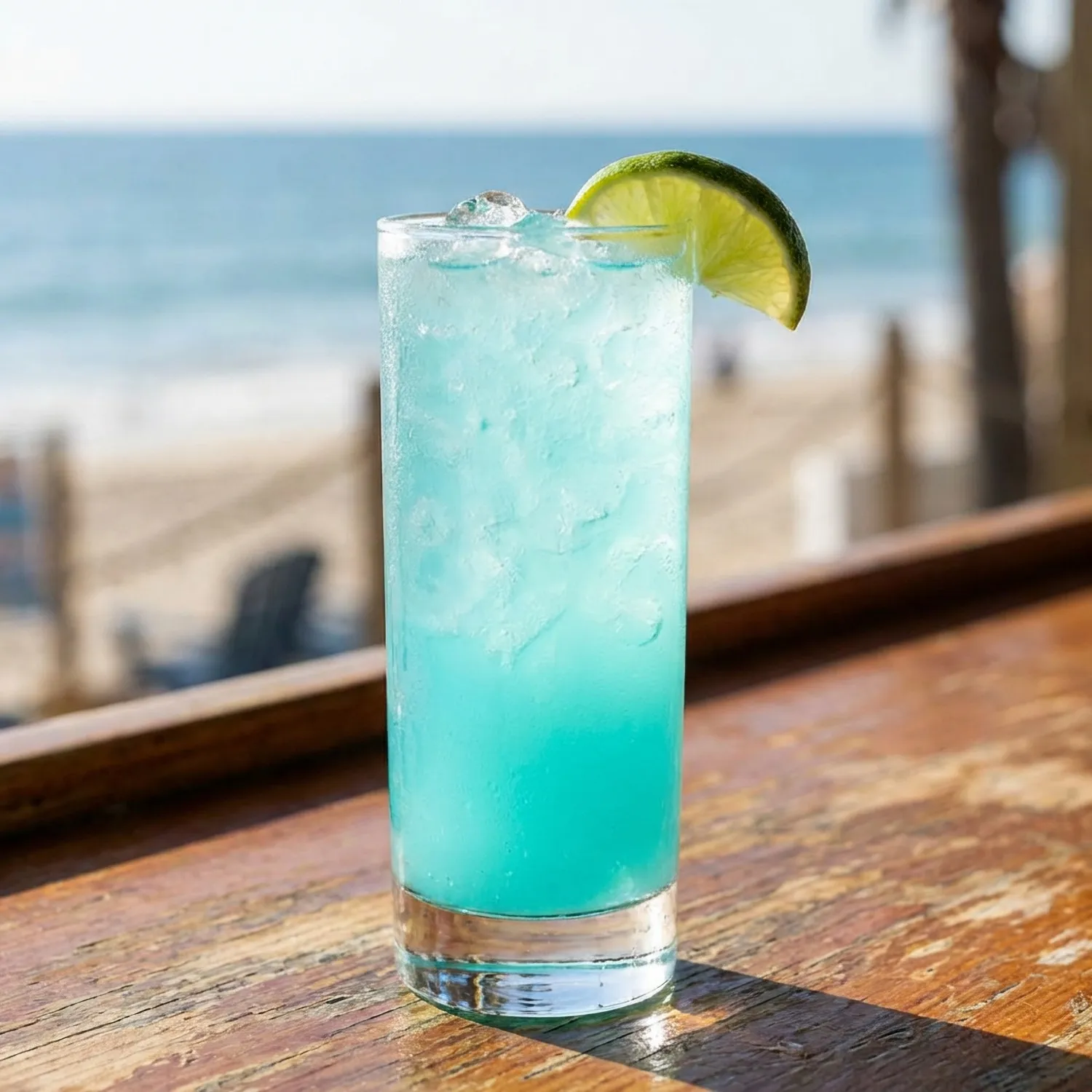 A Highball glass with a light blue colour and a lime wedge garnish