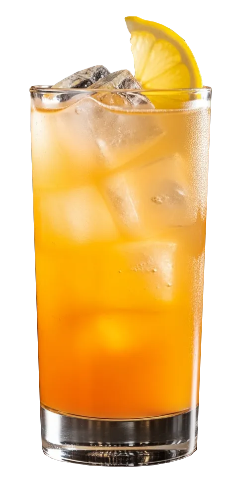 A Highball glass with a orange / gold colour with a lemon wedge garnish
