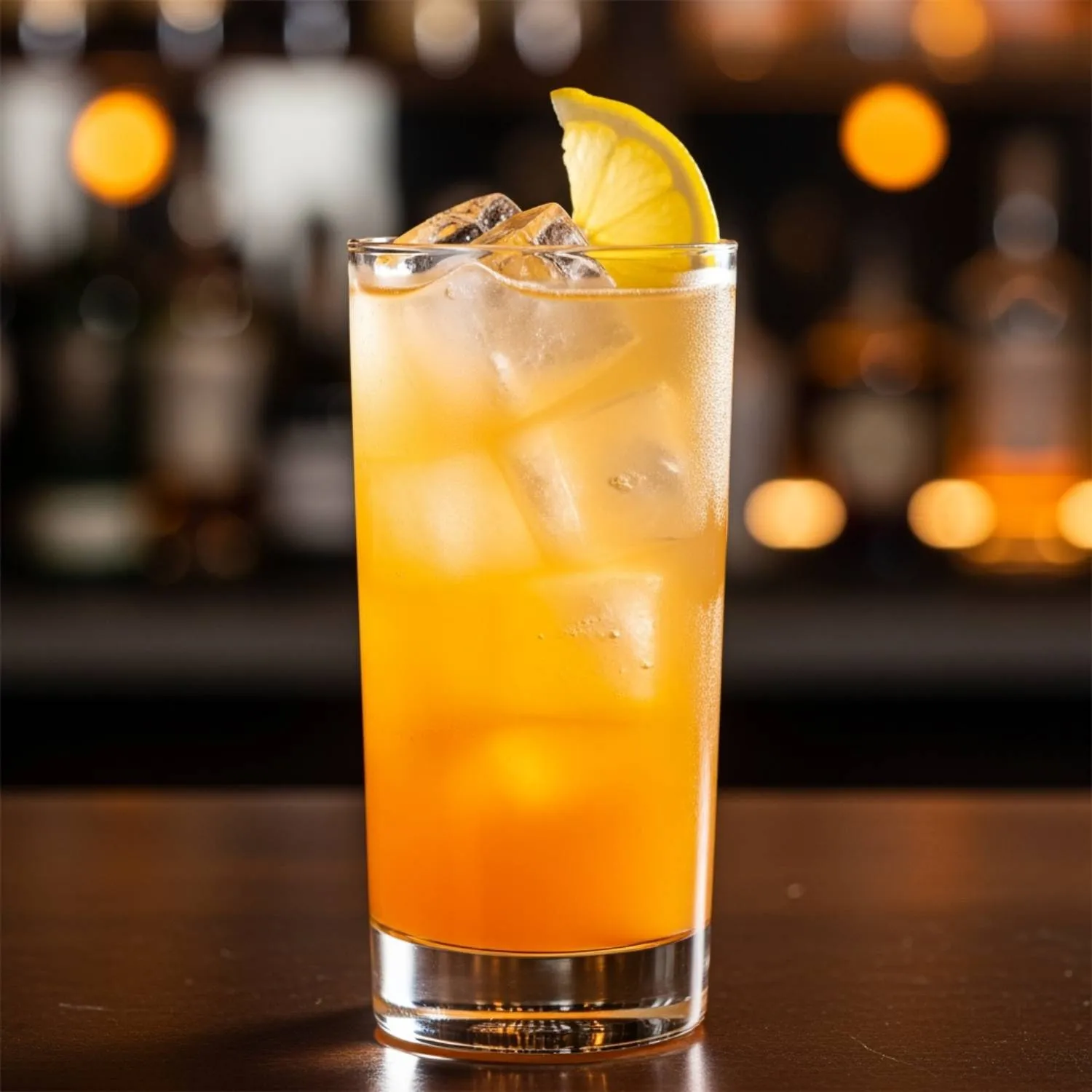 A Highball glass with a orange / gold colour with a lemon wedge garnish